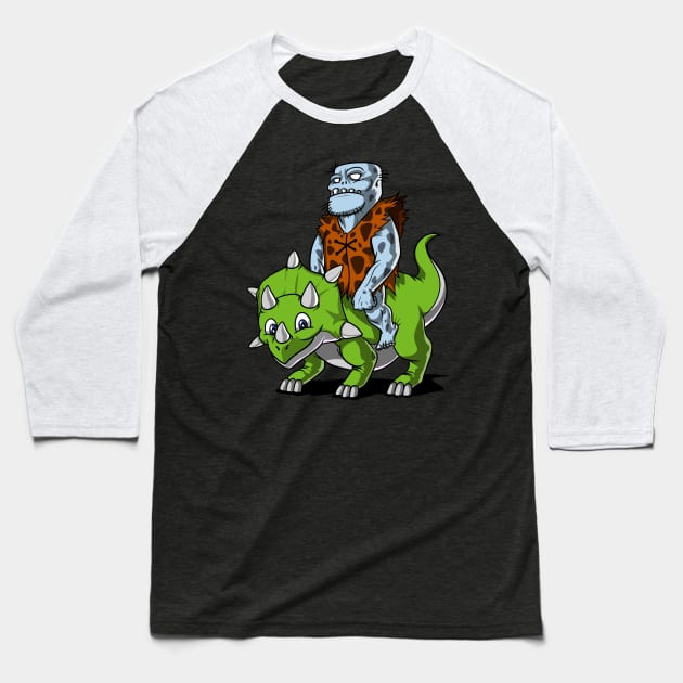 Zombie Riding Triceratops Dinosaur Baseball T-Shirt by underheaven